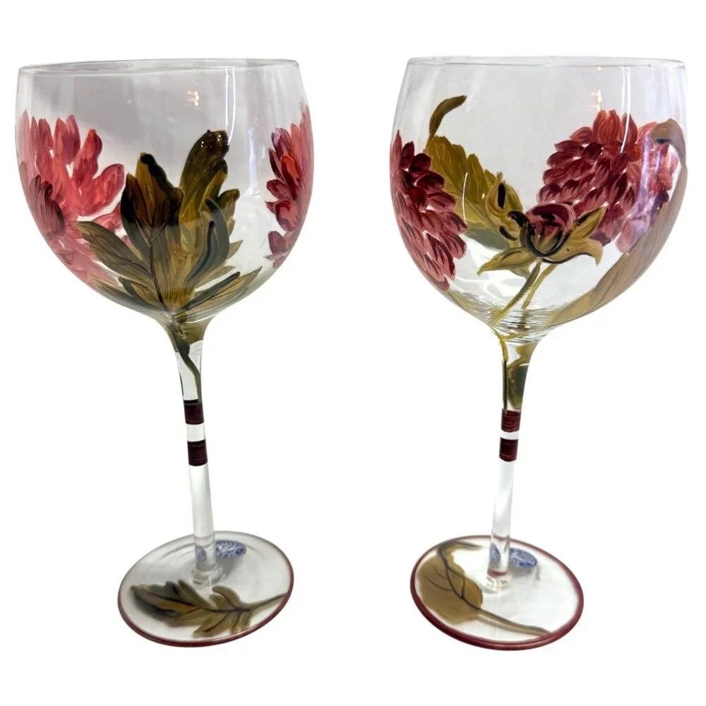 2 BLOCK Basics Hand Painted Floral Balloon Wine Goblets Glass Mum Chrysanthemum - Picture 5 of 8